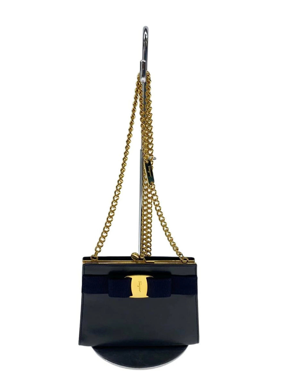 Salvatore Ferragamo Vara Chain Shoulder Bag Leather Navy Blue